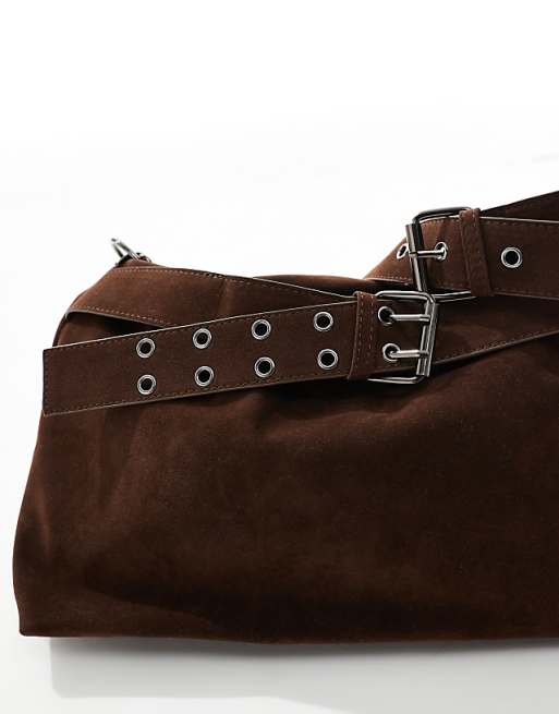 Glamorous Faux Suede Buckle Shoulder Bag In Brown