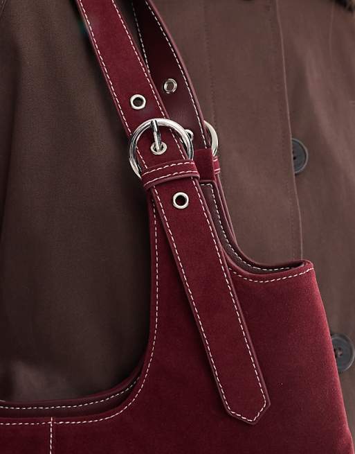 Glamorous Faux Suede Shoulder Tote Bag In Burgundy