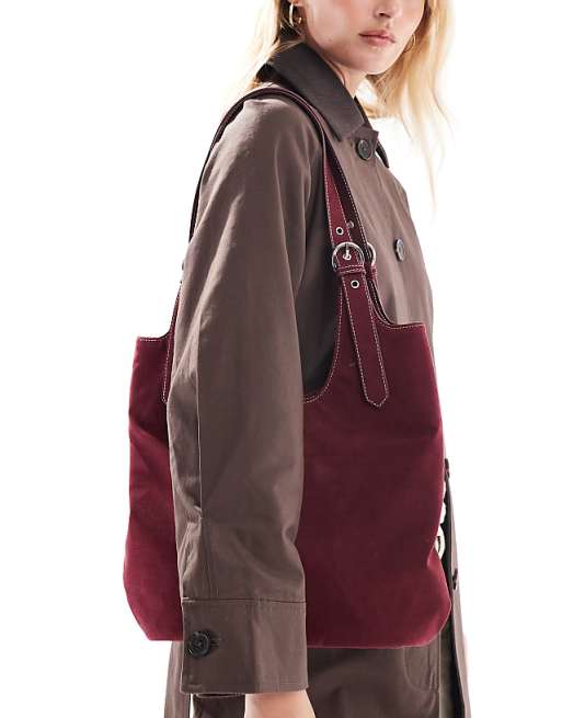 Glamorous Faux Suede Shoulder Tote Bag In Burgundy