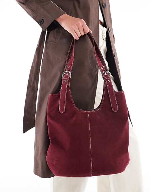 Glamorous faux suede shoulder tote bag in burgundy
