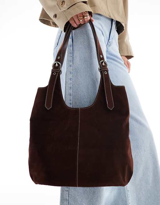 Glamorous Faux Suede Shoulder Tote Bag In Chocolate Brown