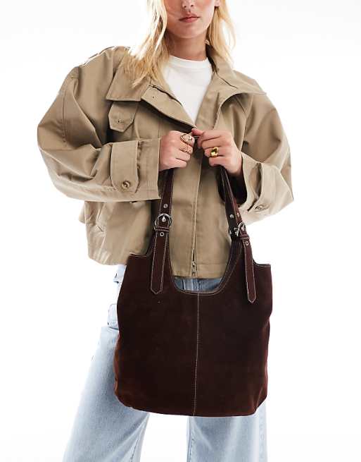 Glamorous Faux Suede Shoulder Tote Bag In Chocolate Brown