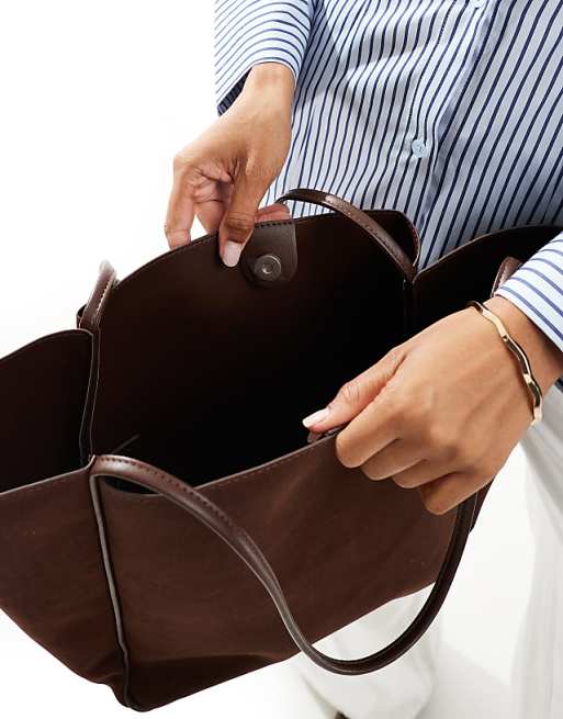 Glamorous Faux Suede Tote Bag With Piping Detail In Deep Brown