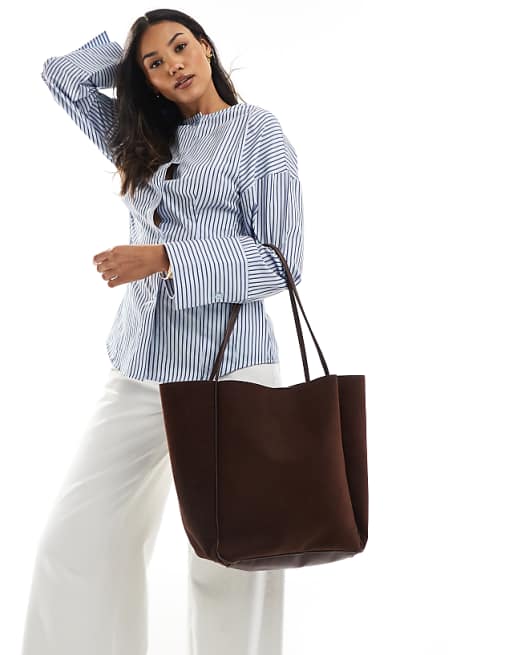 Glamorous Faux Suede Tote Bag With Piping Detail In Deep Brown