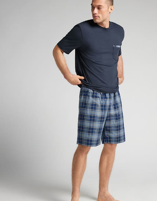 Intimissimi Short Plain-weave And Cotton Pyjamas In Check Intense Blue
