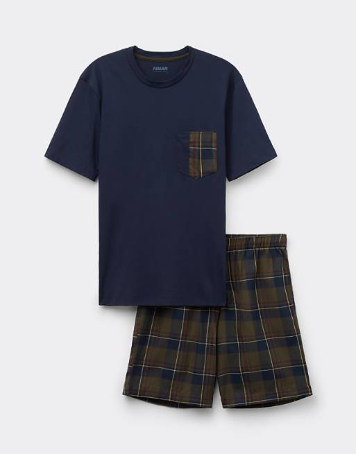 Intimissimi Short Plain-weave And Cotton Pyjamas In Night Blue And Tartan Green