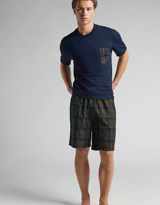 Intimissimi Short Plain-weave And Cotton Pyjamas In Night Blue And Tartan Green