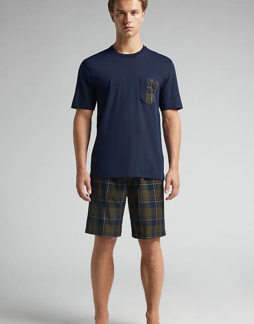 Intimissimi Short plain-weave and cotton pyjamas in night blue and tartan green