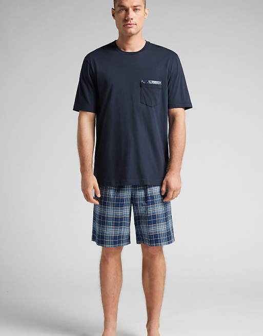 Intimissimi Short plain-weave and cotton pyjamas in check intense blue