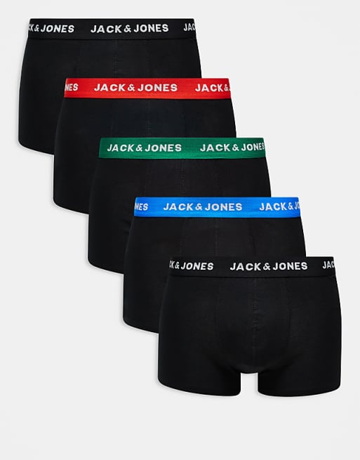 Jack & Jones 5 pack contrast waistband trunks in black