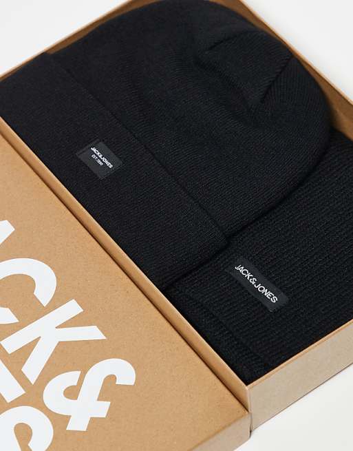 Jack & Jones beanie and scarf gift set in black