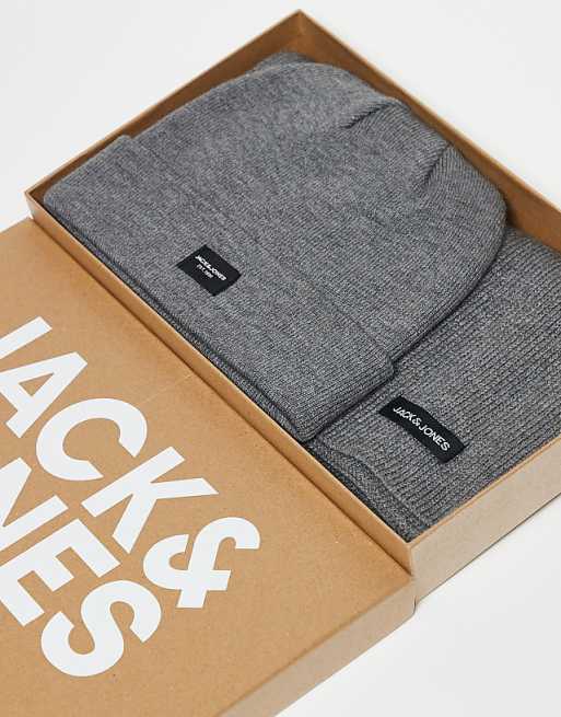 Jack & Jones beanie and scarf gift set in charcoal