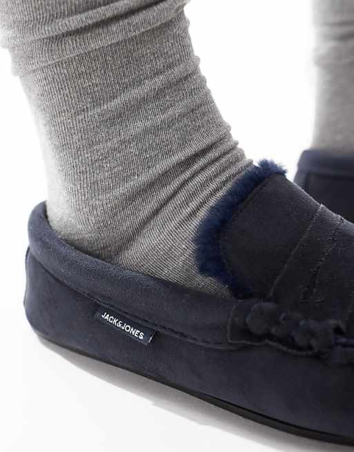 Jack & Jones Faux Suede Moccasin Slipper In Navy