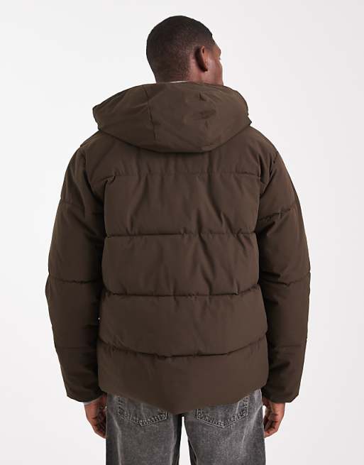 Jack & Jones Hooded Puffer Jacket In Brown