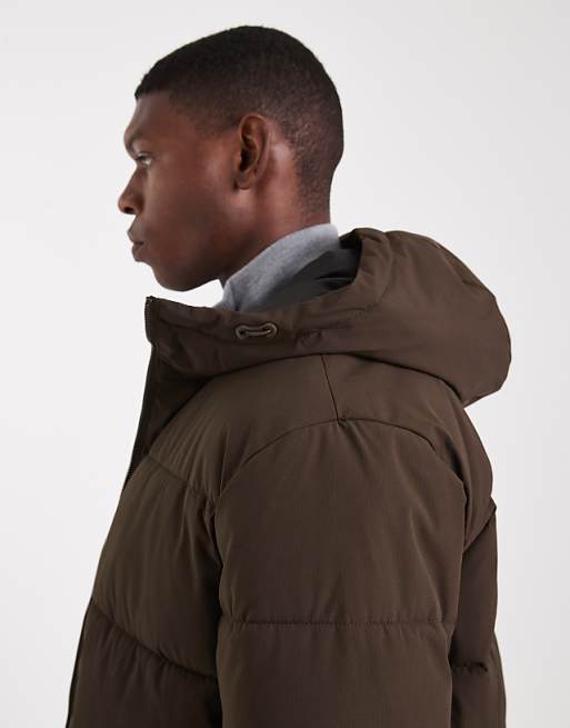 Jack & Jones Hooded Puffer Jacket In Brown