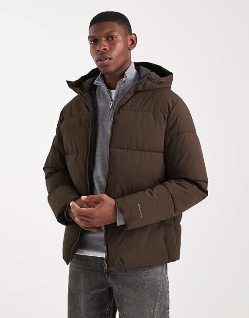 Jack & Jones hooded puffer jacket in brown