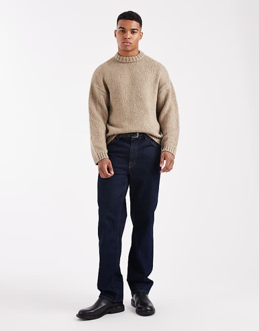 Jack & Jones Oversized Crew Neck Fluffy Yarn Jumper In Beige