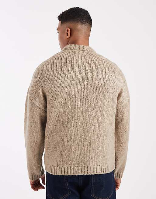 Jack & Jones Oversized Crew Neck Fluffy Yarn Jumper In Beige