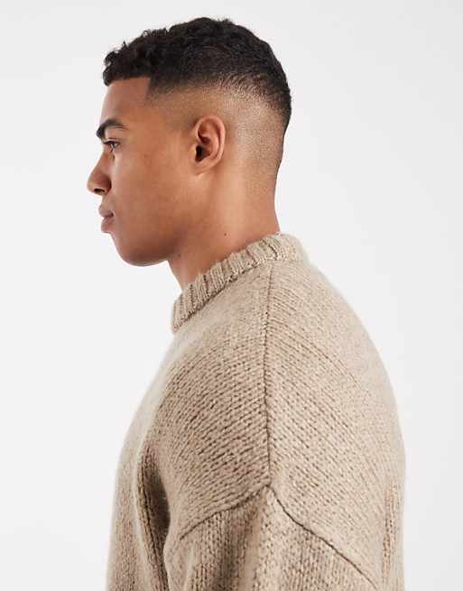 Jack & Jones Oversized Crew Neck Fluffy Yarn Jumper In Beige