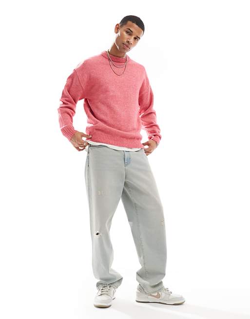 Jack & Jones Oversized Fluffy Crew Neck Jumper In Pink