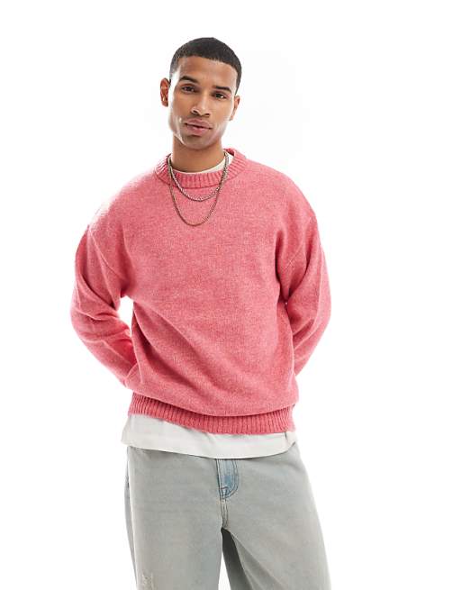 Jack & Jones oversized fluffy crew neck jumper in pink