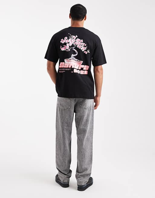 Jack & Jones Oversized T-shirt With Cherry Blossom Print In Black