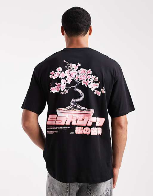 Jack & Jones oversized t-shirt with cherry blossom print in black