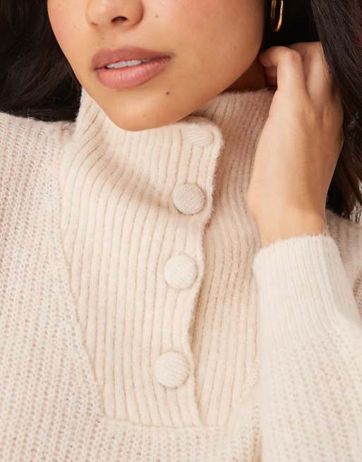 JDY Button Detail High Neck Knitted Jumper In Stone
