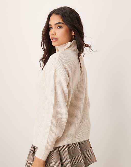 JDY Button Detail High Neck Knitted Jumper In Stone