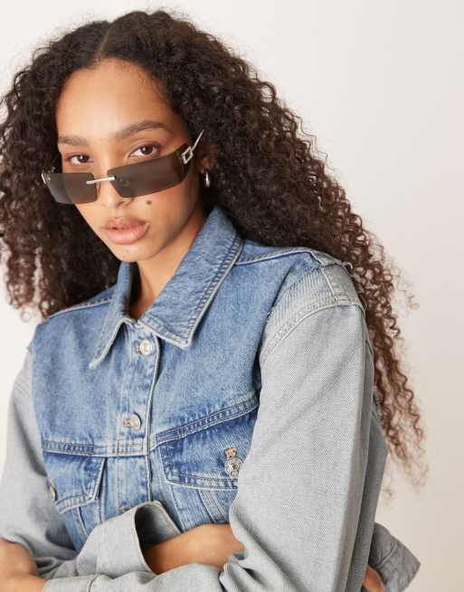 Jeepers Peepers Y2K Rimless Square Metal Sunglasses With Embellished Detail In Silver