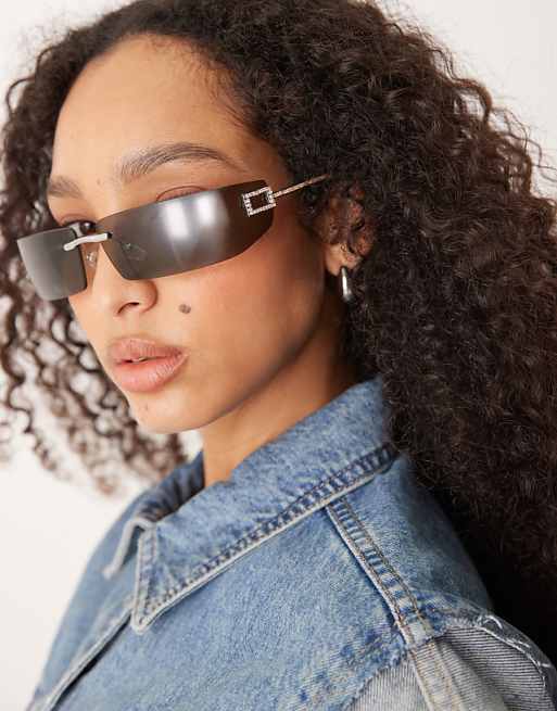 Jeepers Peepers Y2K rimless square metal sunglasses with embellished detail in silver