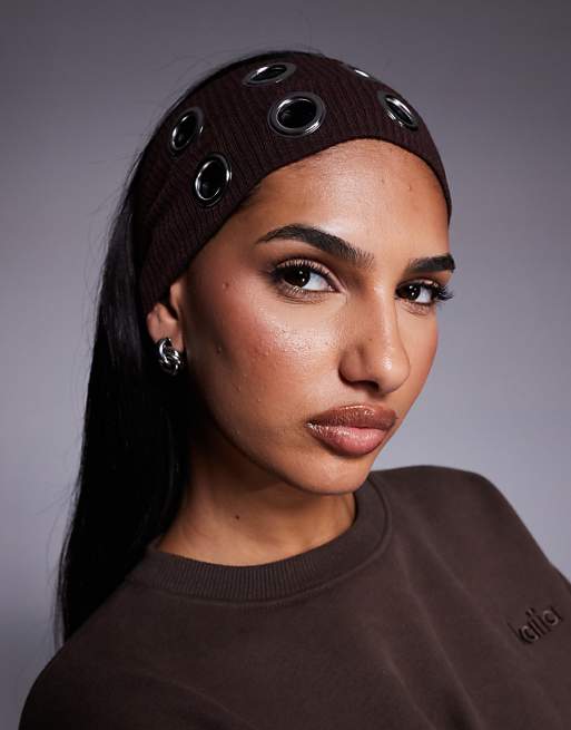 Kaiia exclusive jersey eyelet headband in brown
