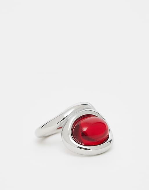 Kaiia exclusive stainless steel abstract cocktail ring in silver and red
