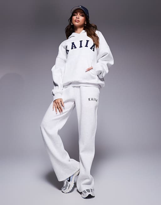 Kaiia Overized Hoodie Cuffed Joggers Wide Leg Joggers & Shorts Mix & Match In Grey Marl