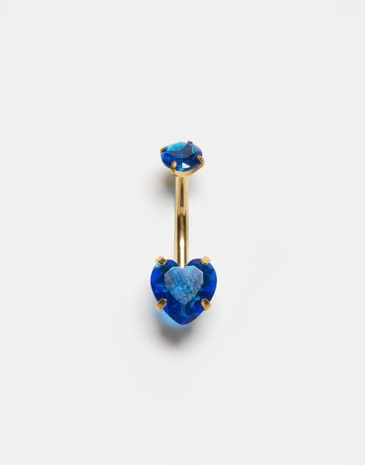 Kingsley Ryan Gold Plated Blue Gem Set Heart Belly Bar