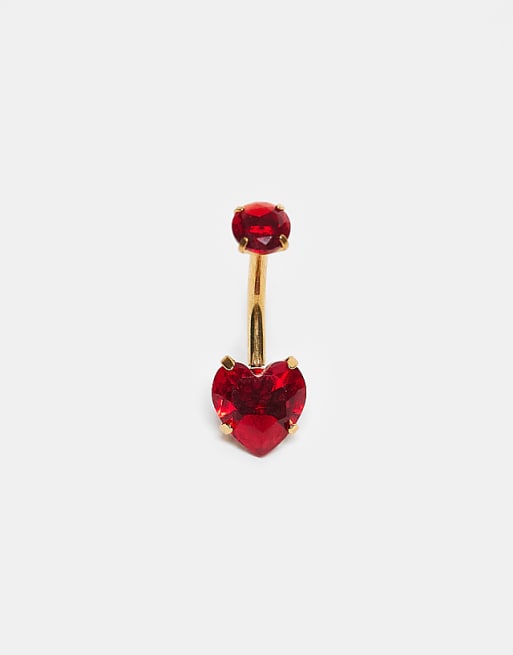 Kingsley Ryan gold plated red gem set heart belly bar