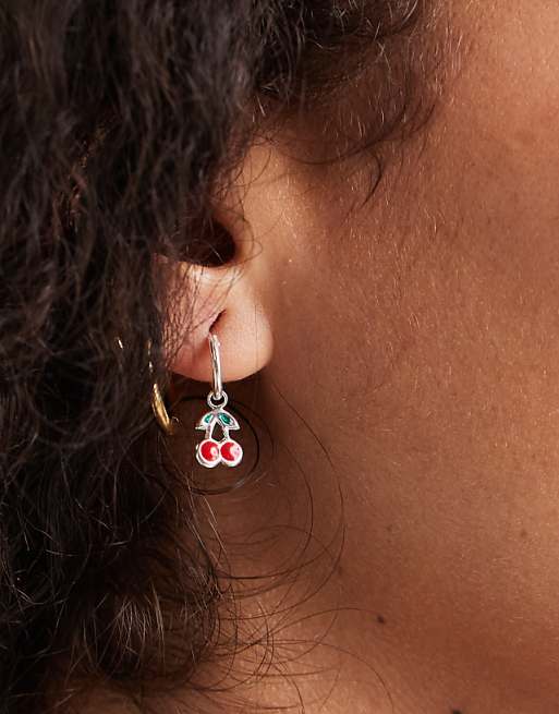 Kingsley Ryan hoop earrings with cherry charm in sterling silver