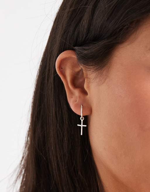 Kingsley Ryan Hoop Earrings With Cross Charm In Sterling Silver