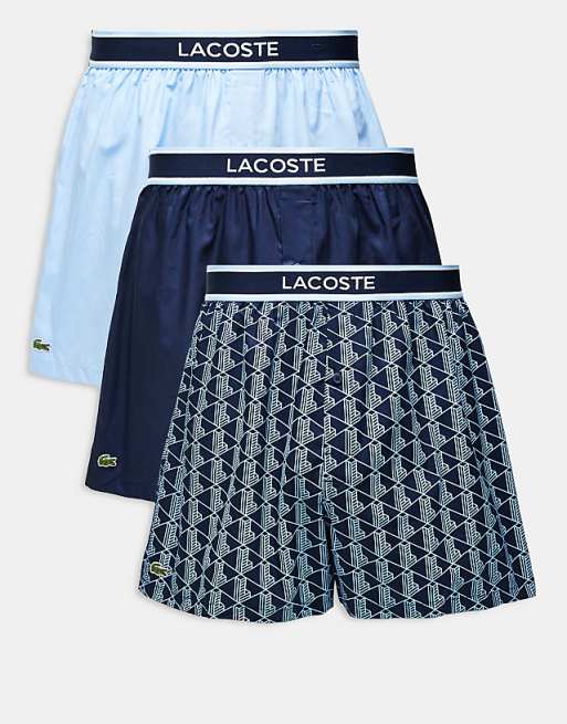Lacoste 3 pack woven boxer in monogram / blue
