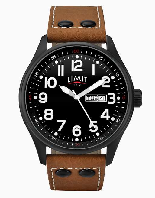 Limit 43mm mens round black analogue watch in brown