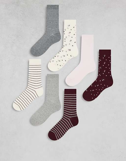Lindex 7 pack floral and stripe printed socks in multi