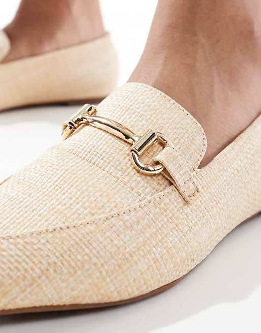 London Rebel Buckle Detail Pointed Toe Loafer In Raffia Natural