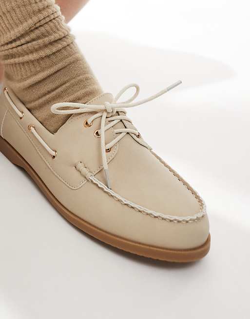 London Rebel Wide Fit Lace Up Boat Shoes In Taupe