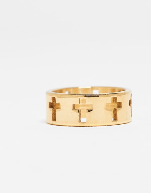 Lost Souls Band Ring With Cross Details In 18k Gold Plated