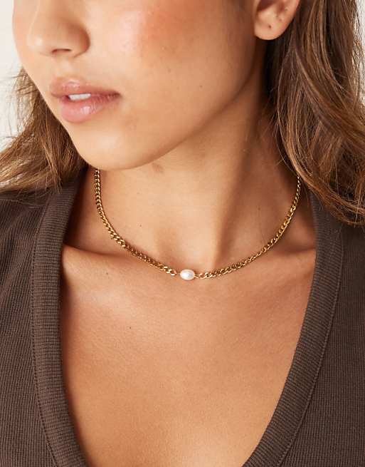 Lost Souls chain necklace with pearl detail in 18ct gold plated stainless steel