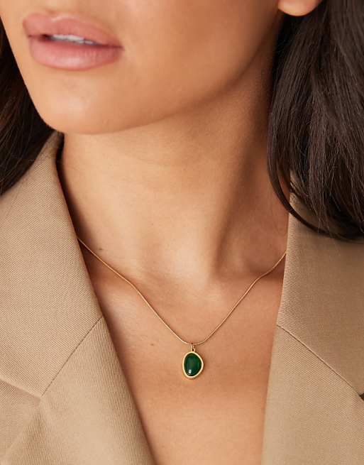 Lost Souls dark green stone pendant necklace in 18ct gold plated stainless steel