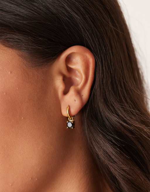 Lost Souls Hoop Earrings With Black Stone In 18ct Gold Plated Stainless Steel
