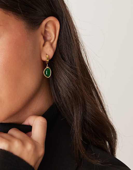 Lost Souls hoop earrings with dark green stone in 18ct gold plated stainless steel