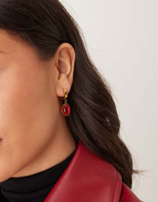 Lost Souls Hoop Earrings With Dark Red Stone In 18ct Gold Plated Stainless Steel