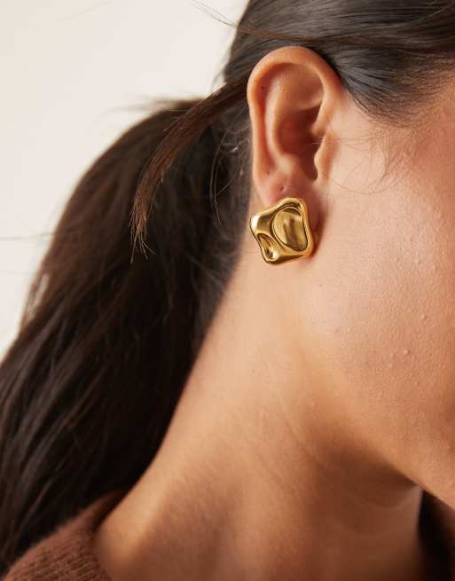 Lost Souls Molten Square Stud Earrings In 18ct Gold Plated Stainless Steel